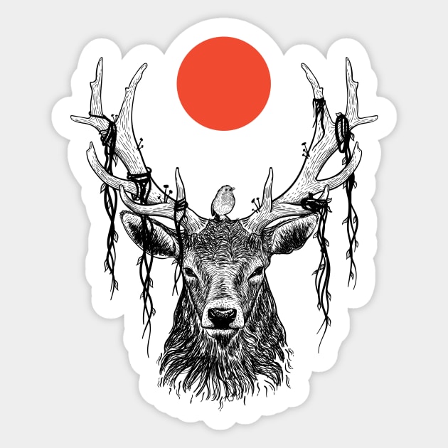 deer in wildlife with cute bird and red moon Sticker by mituturi